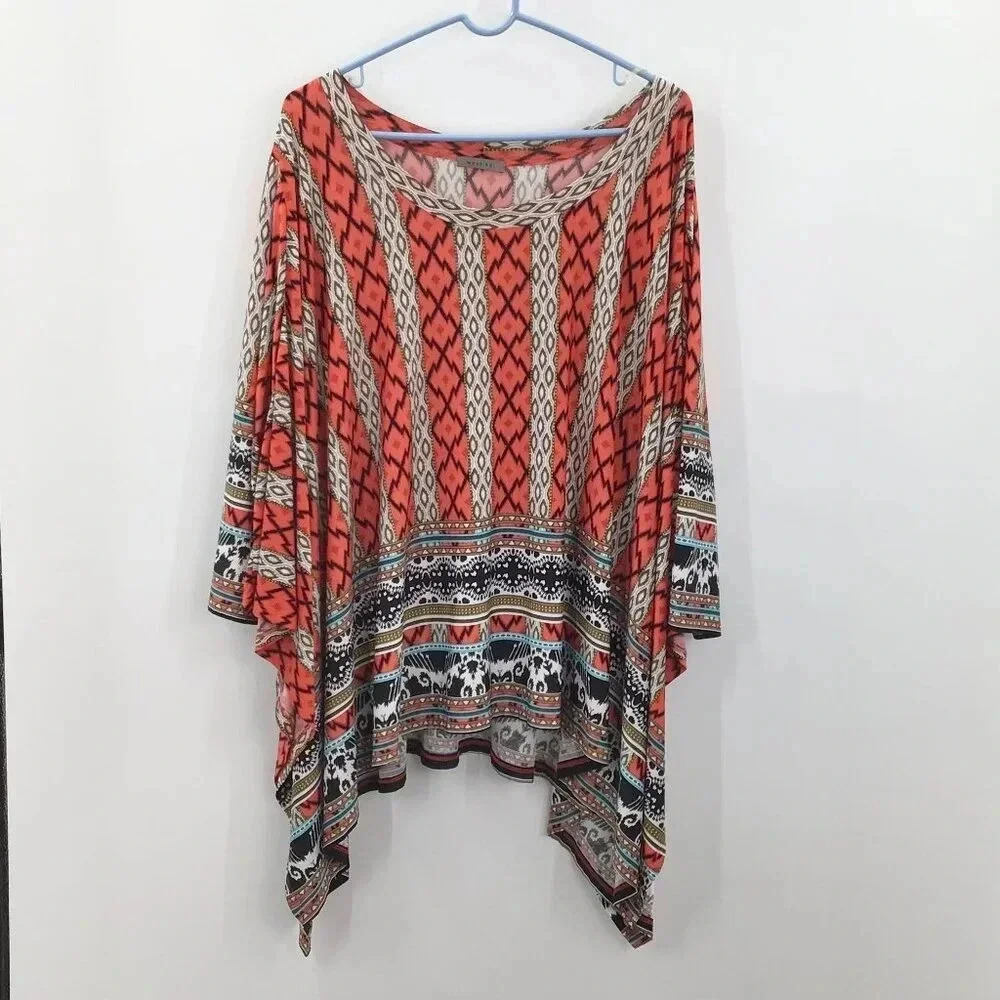 Women's West Kei Poncho Top 2X Cover Up Lagenlook Boho Handkerchief Hem Orange
